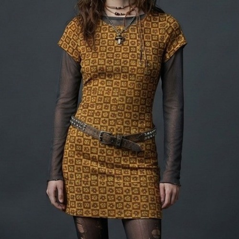 y2k Mesh Dress large Floral brown Checkered retro 90s grunge whimsigoth